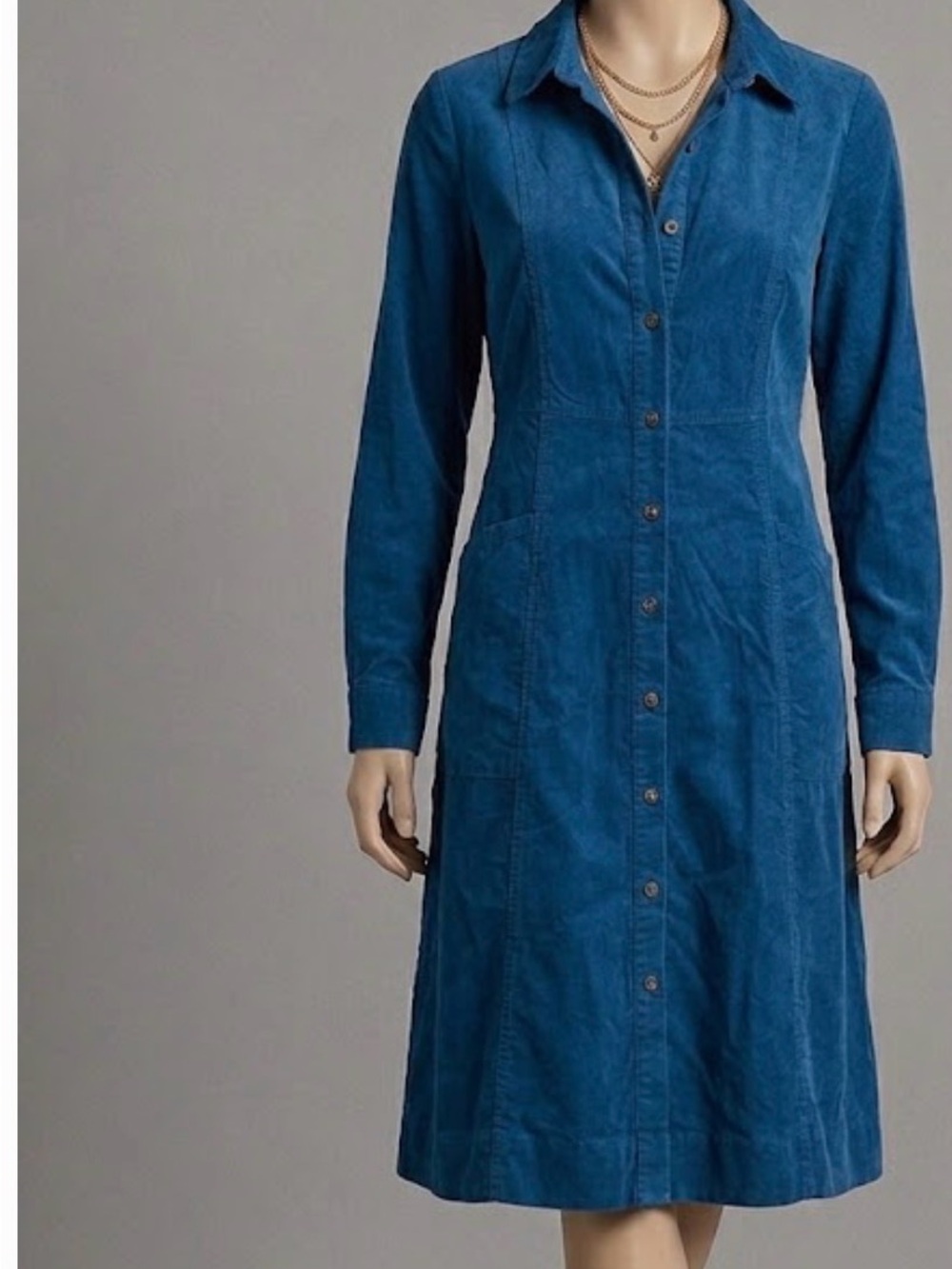 J. Jill Teal-Blue Button-Front Corduroy Midi Dress